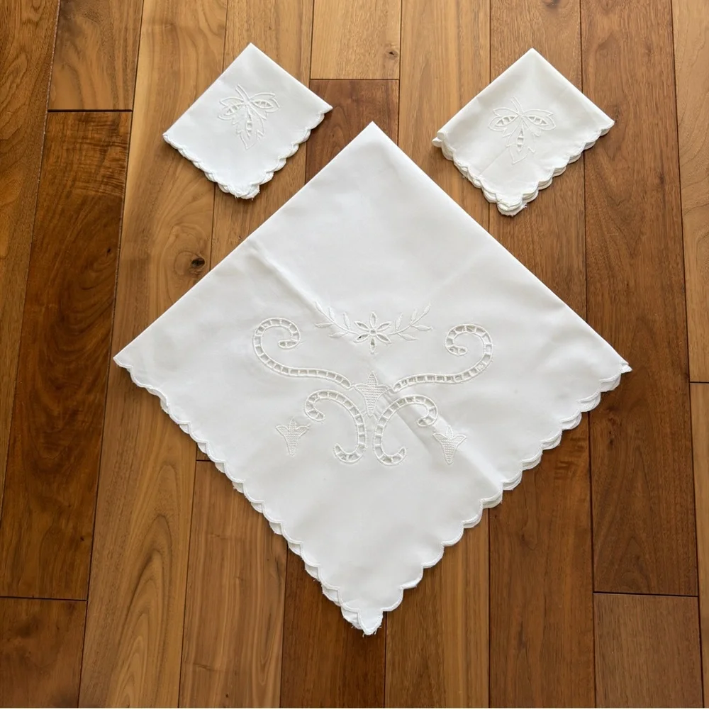 Vintage Hand-Embroidered Cutwork Tablecloth + 2 Napkins – White on White